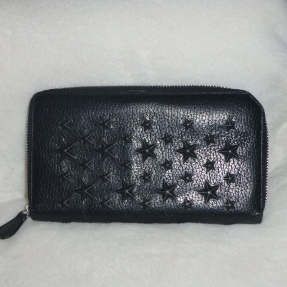Jimmy CHOO Carnaby Black Leather Star Stud Continental Zip Around Wallet